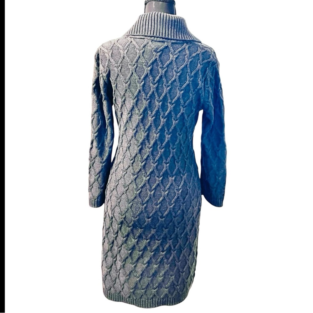 Ellen Tracy Gray Cable Knit‎ Sweater Dress M Shawl Collar Belted Preppy